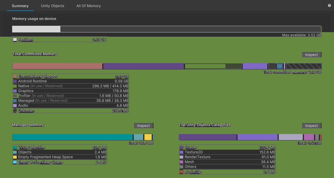 The Summary tab provides an overview of total memory used. The Unity Objects tab shows any Unity objects that use memory, while the All of Memory tab displays a breakdown of all the memory in the snapshot that Unity tracks.