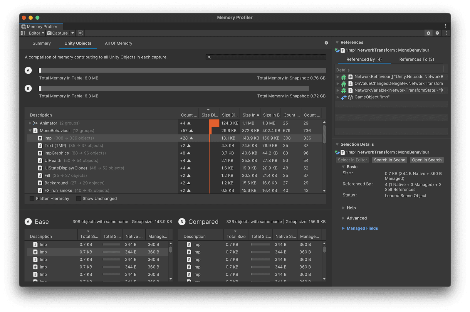 You can compare memory usage between two memory snapshots.