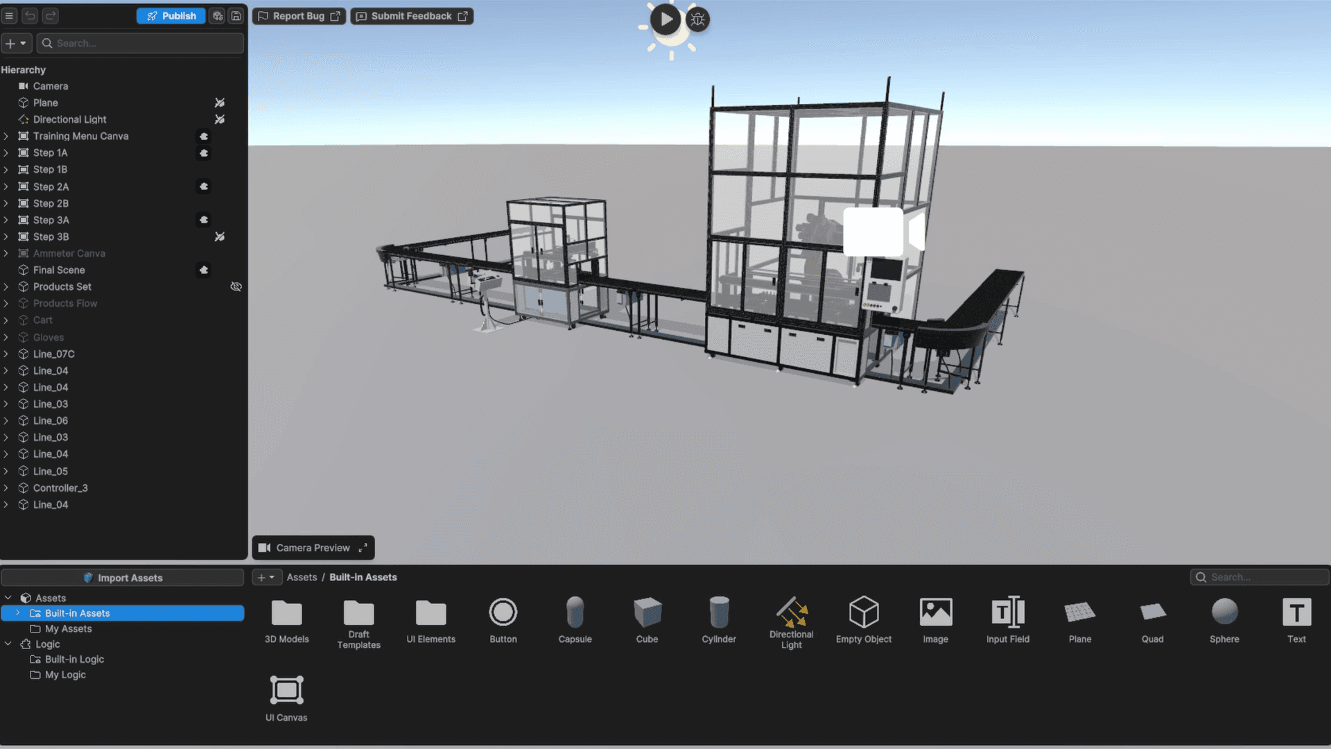 Unity Studio 소개 학습 튜토리얼의 단계를 보여 주는 Unity Studio UI