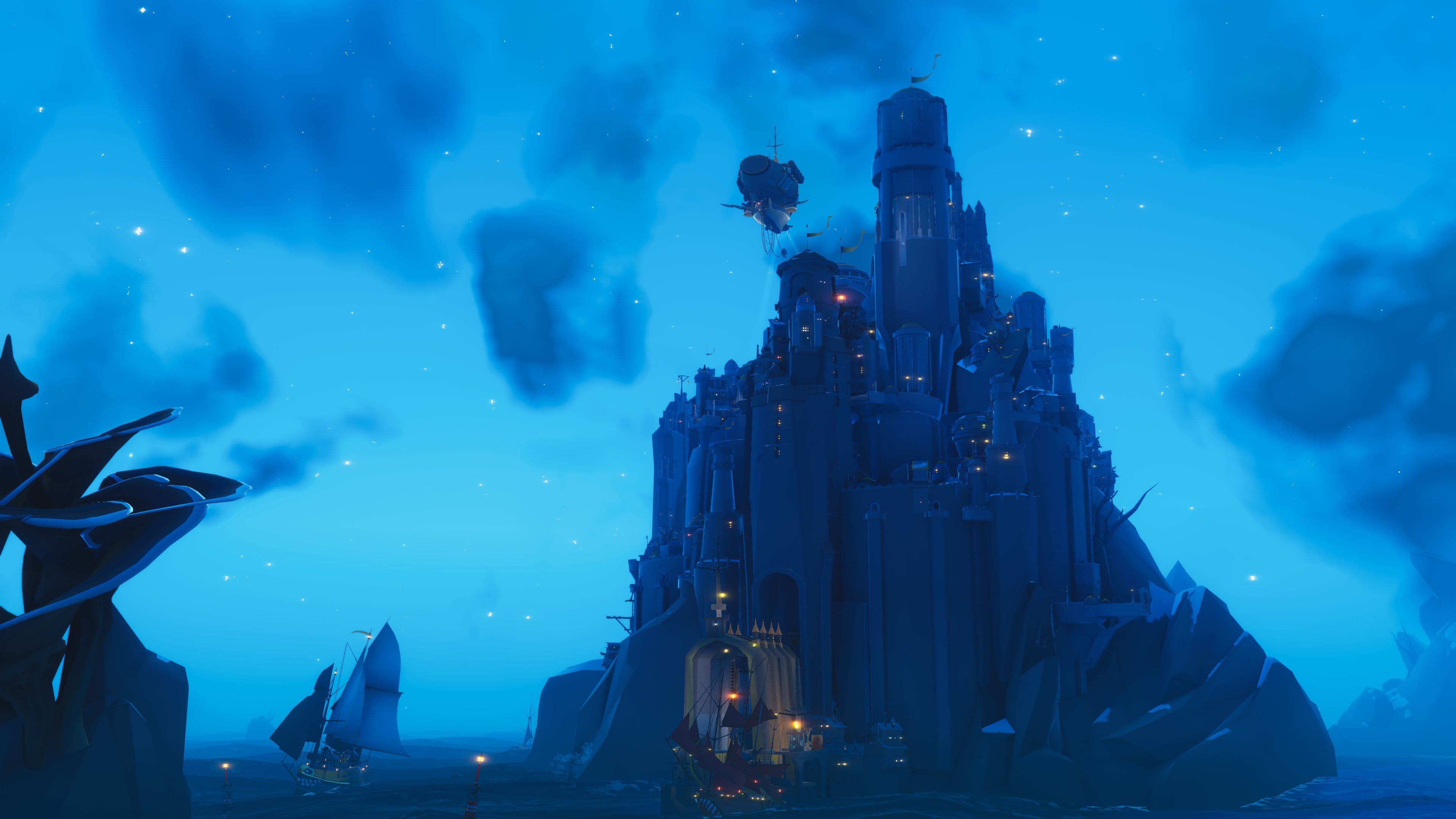 A looming cliffside citadel rendered in a low-poly style from Bulwark: Falconeer Chronicles by Tomas Sala