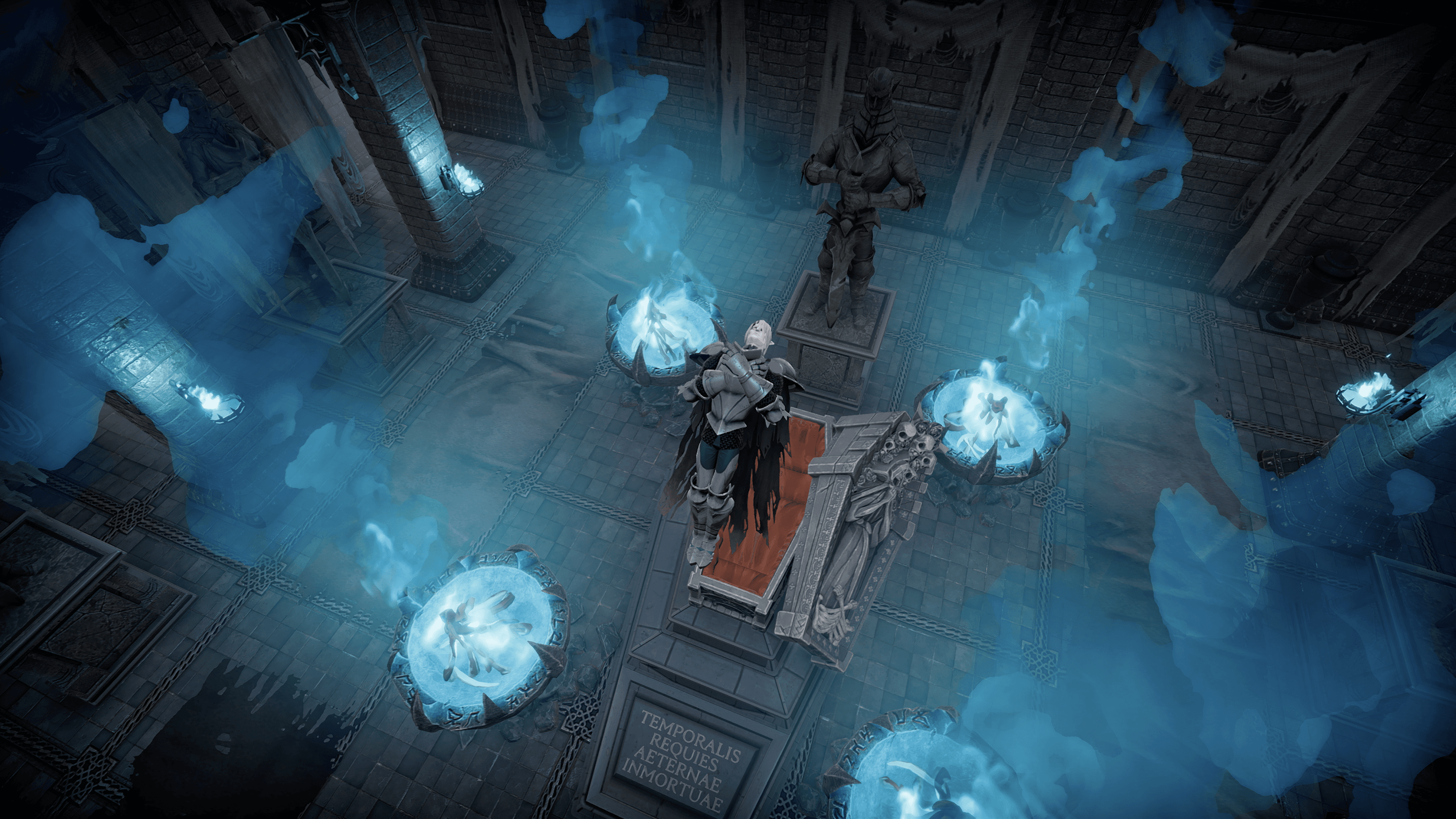 A cloaked vampire levitates out of a stone coffin in this screenshot from V Rising by Stunlock Studios